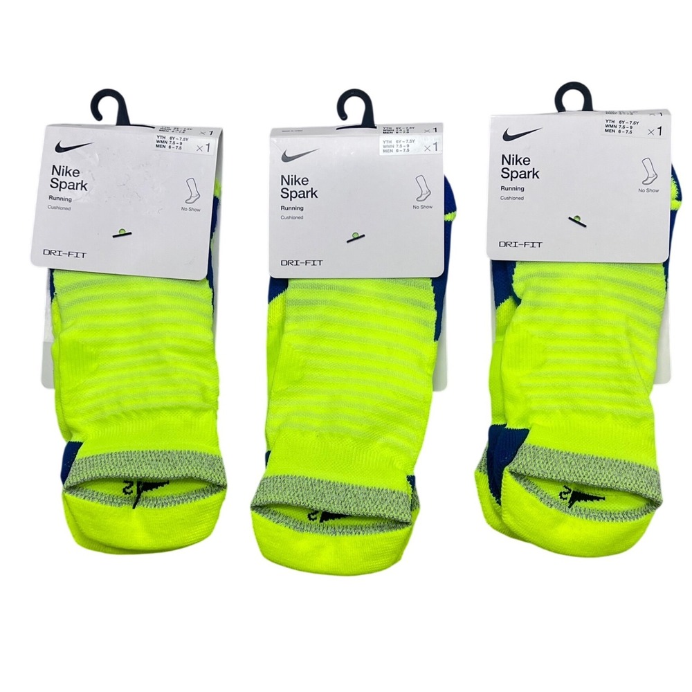 3‎ Nike Spark Running Cushioned No Show Socks Volt yellow Blue  M 6-7.5 W 7.5-9